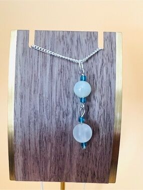 Blue Beaded crystal Drop Pendant Necklace - silver plated
